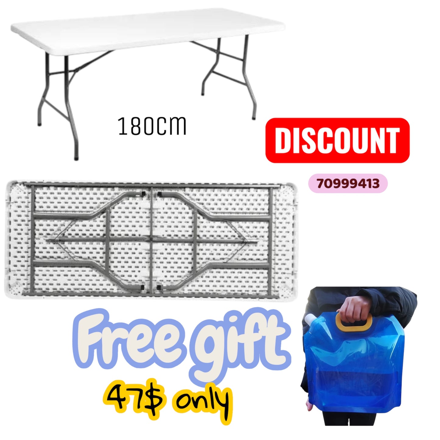 Folding table 180cm*70 cm + 10 L gallon