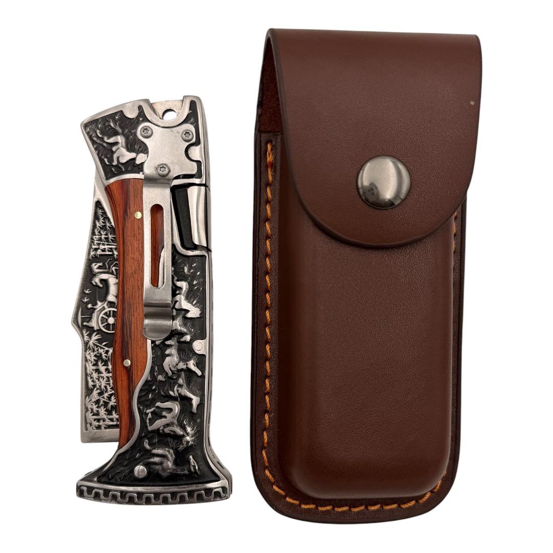 WILD HORSE Folding Knife with Leather Case - A3189 - OEKNA3189