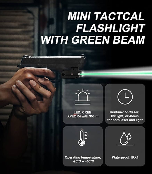 Green Laser Light Combo 350 Lumens Tactical Flashlight with USB Rechargeable for Pistols Handguns, Laser Sights Pistol Light, Fit Picatinny Rail
