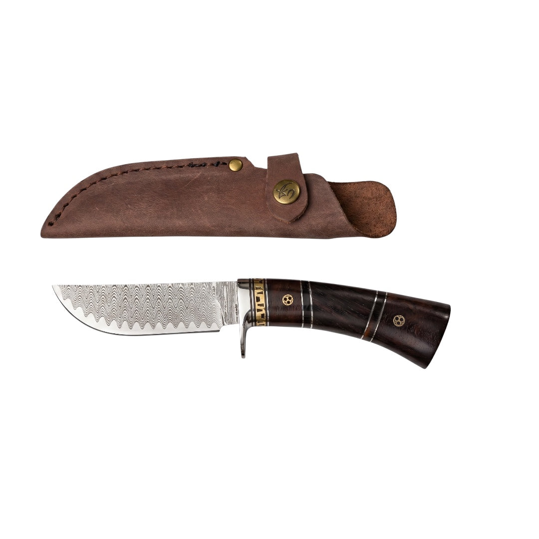 Fixed Blade Damascus Hunting Knife with Leather Sheath