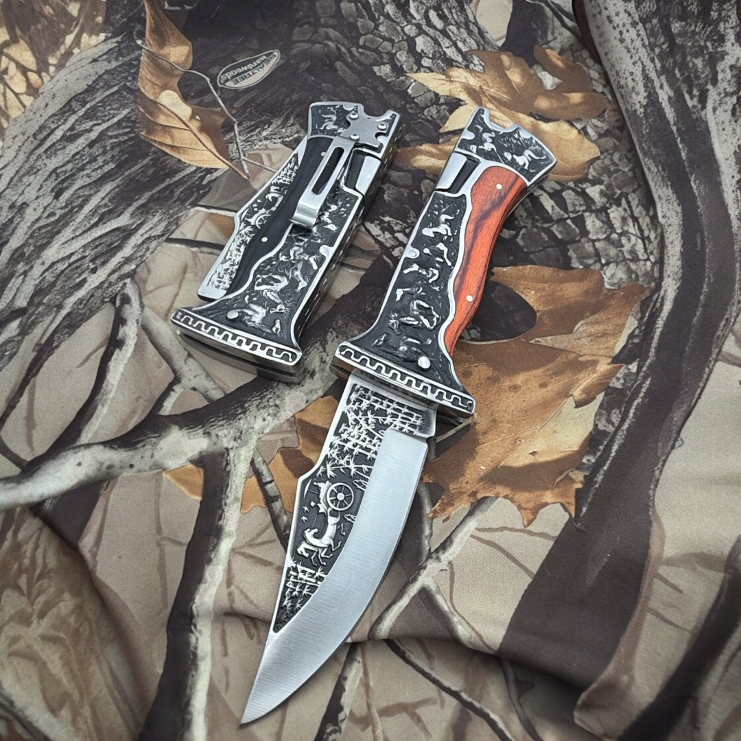 WILD HORSE Folding Knife with Leather Case - A3189 - OEKNA3189