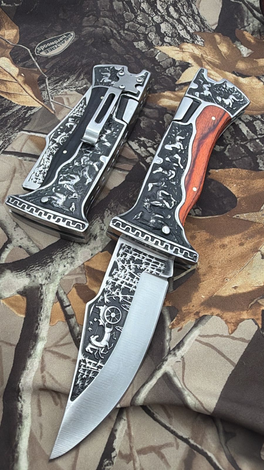 WILD HORSE Folding Knife with Leather Case - A3189 - OEKNA3189