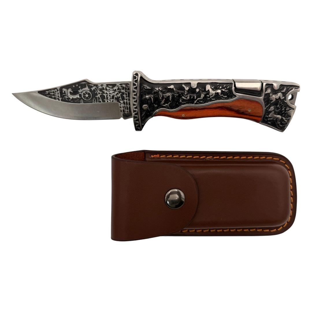 WILD HORSE Folding Knife with Leather Case - A3189 - OEKNA3189