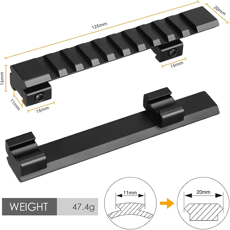 Picatinny Extension Adapter Riser Rail Mount Base 11mm Conversion to 20mm Rail